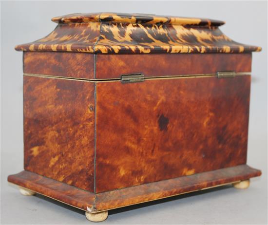 An early Victorian tortoiseshell and floral mother of pearl inlaid two division tea caddy, 7.5in.